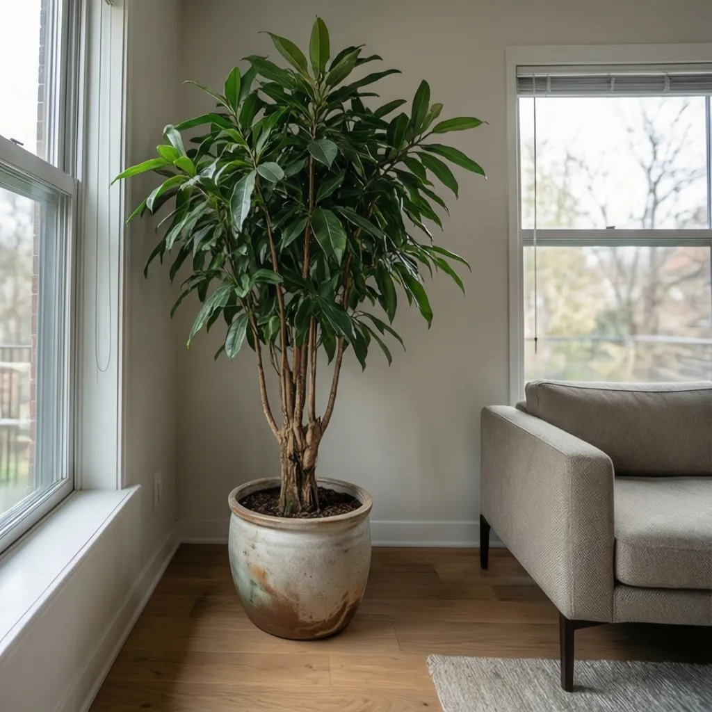 Rincón interior decorado con una planta grande en maceta moderna