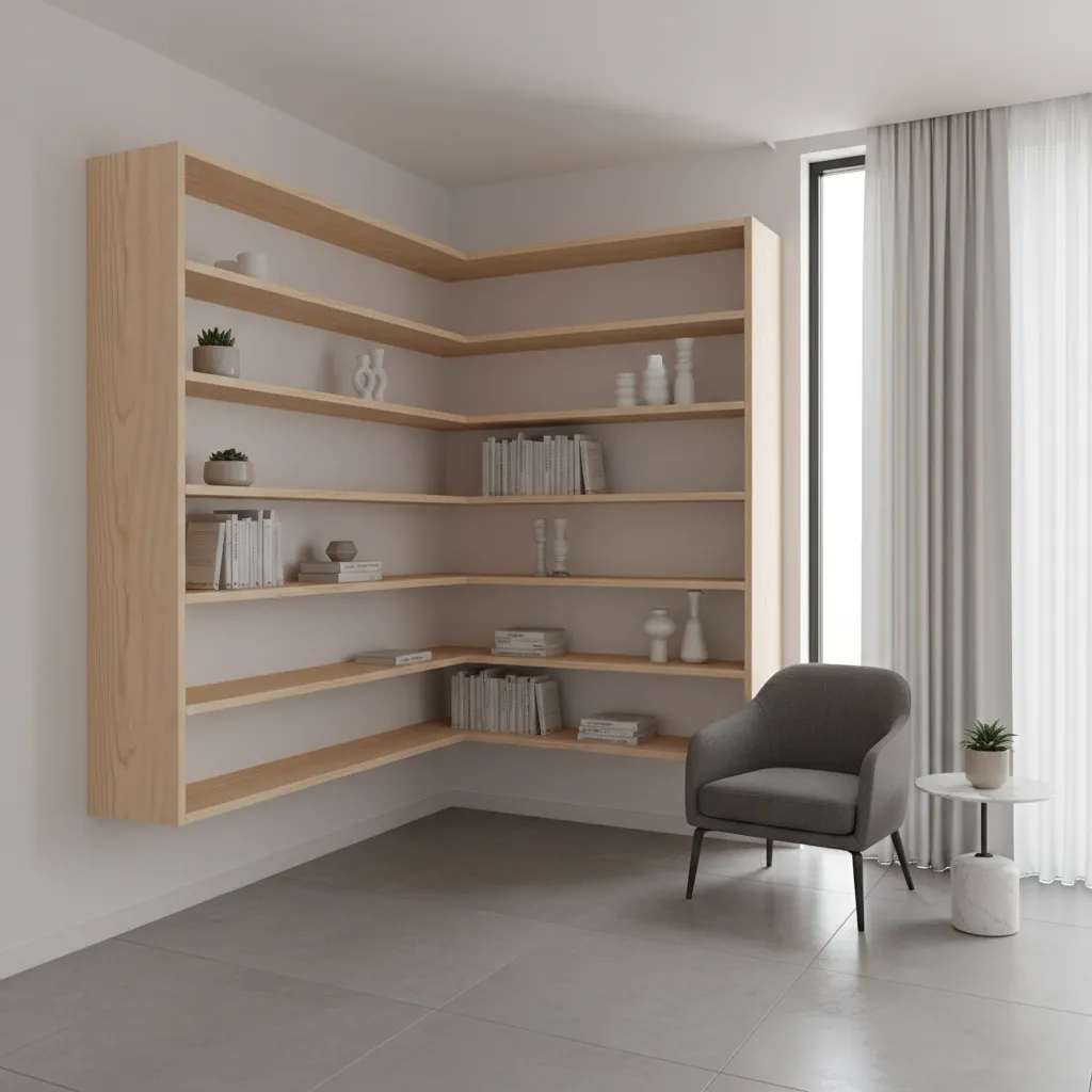 corner plywood wall shelf system wrapping two walls in a room