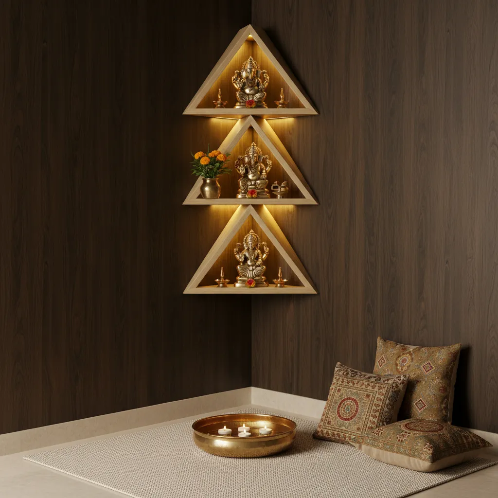 Corner pooja area with floating shelves and warm lighting
