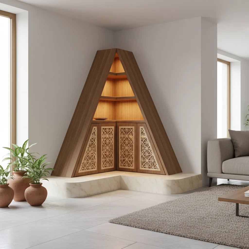 Corner pooja cupboard unit designed for small living room space