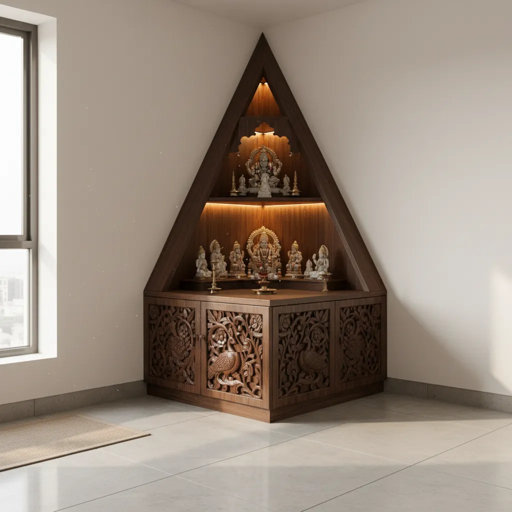 corner pooja cupboard fitted neatly in apartment corner