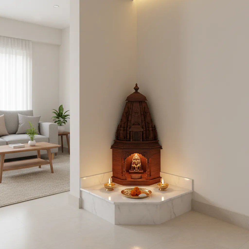 corner pooja gopuram mandir designed for small apartment spaces