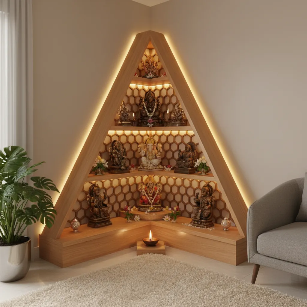 corner pooja mandir design with wooden shelves and soft lighting