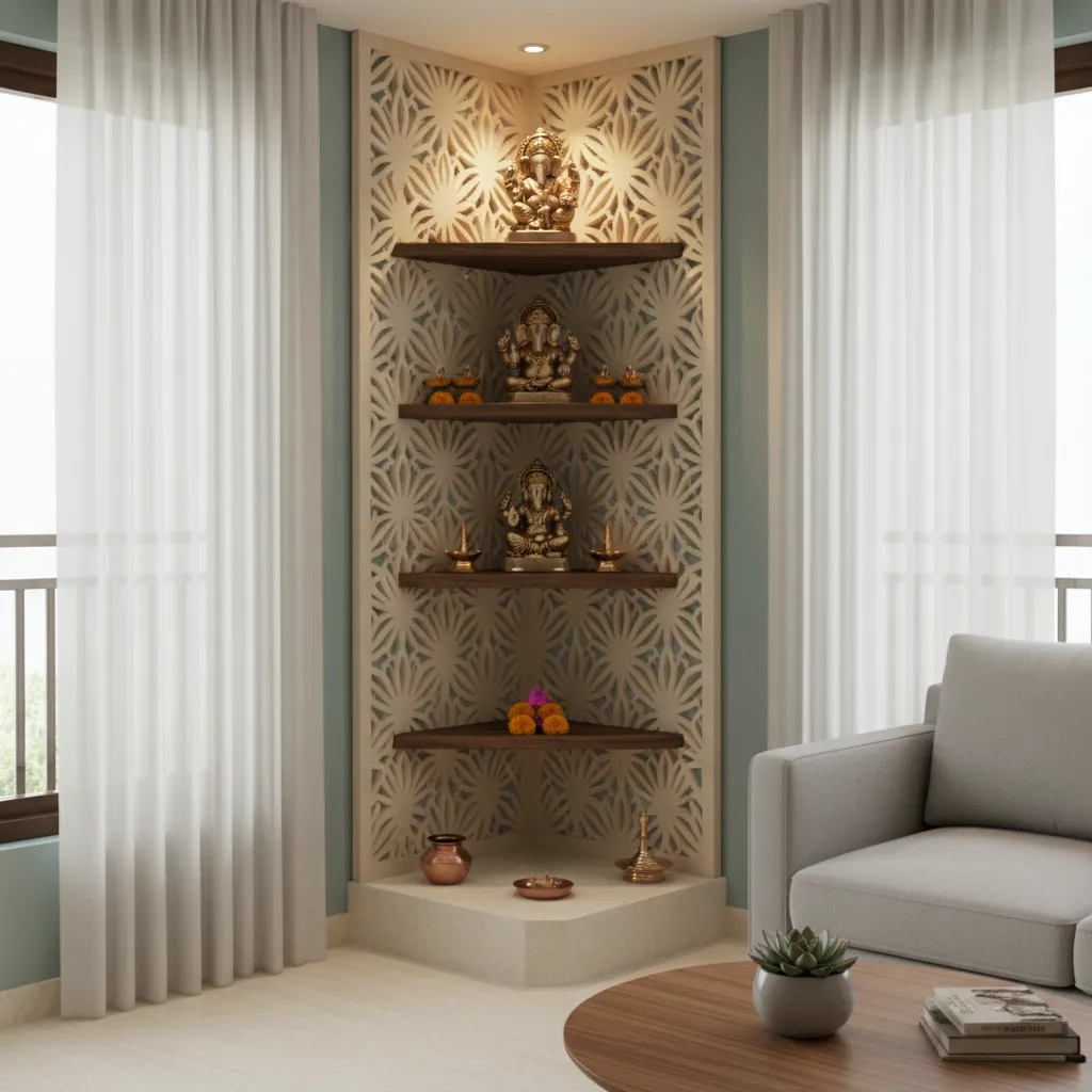 corner pooja mandir design with wooden shelves and soft lighting