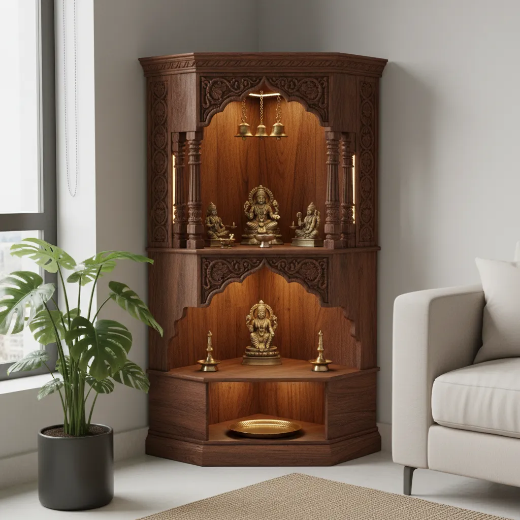 Corner wooden pooja mandir design utilizing unused space in a living room