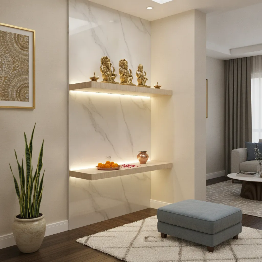 Small corner pooja mandir with floating shelves and warm lighting