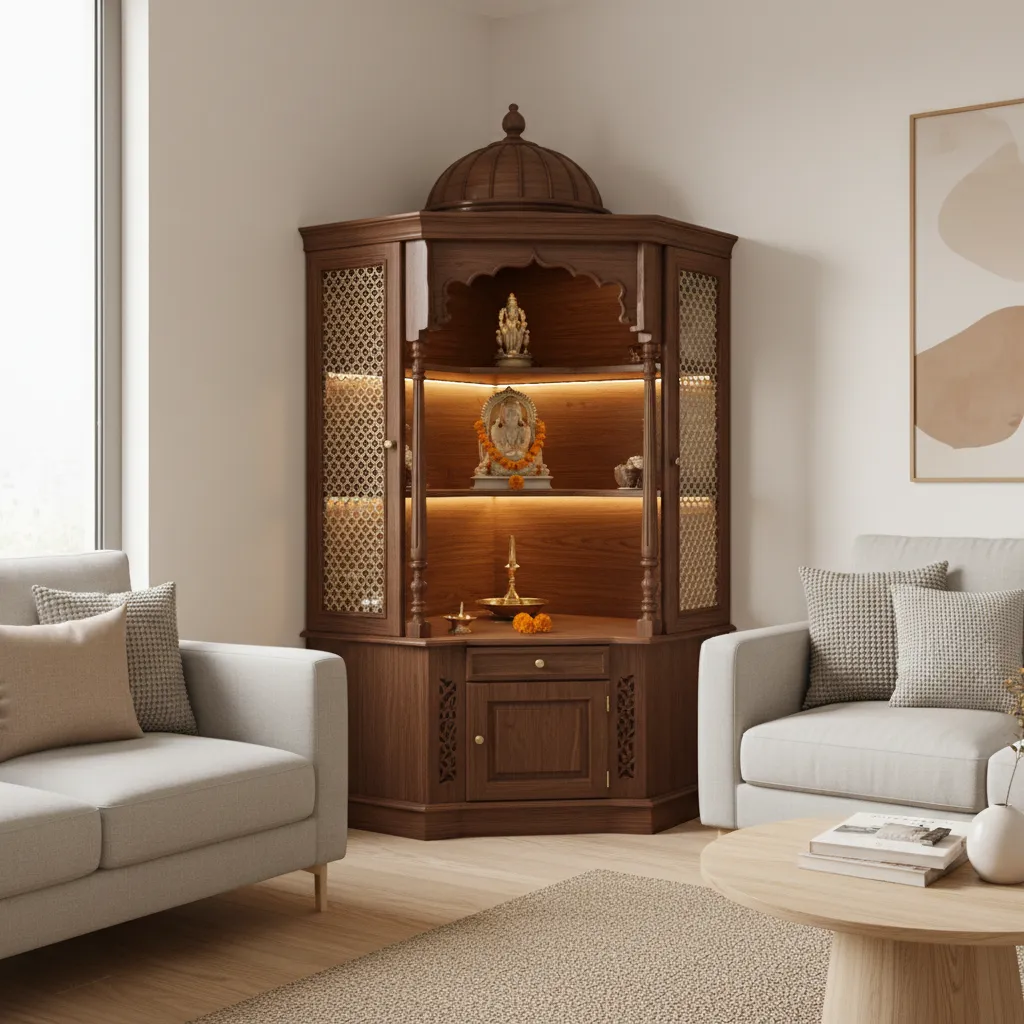 Corner pooja mandir design in a small apartment living room