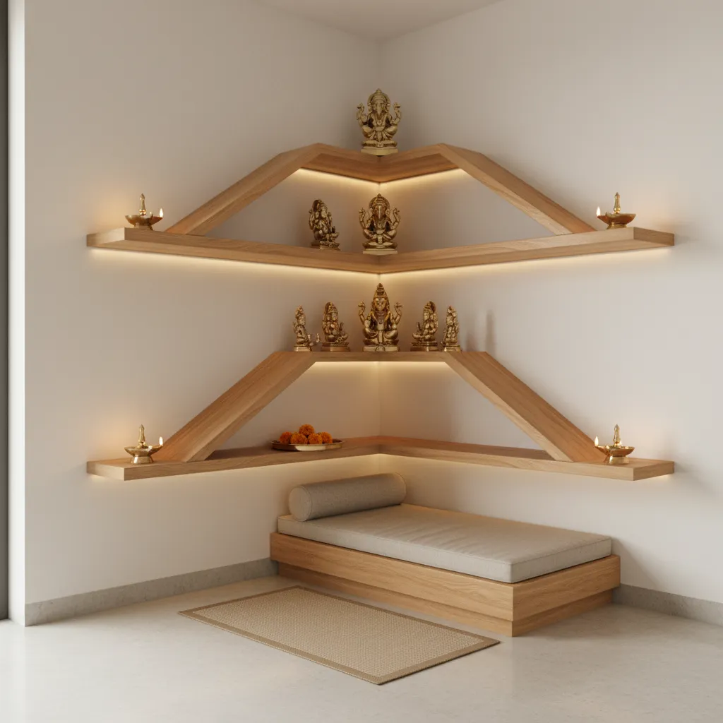 Corner pooja mandir with floating shelves and warm lighting in a compact home