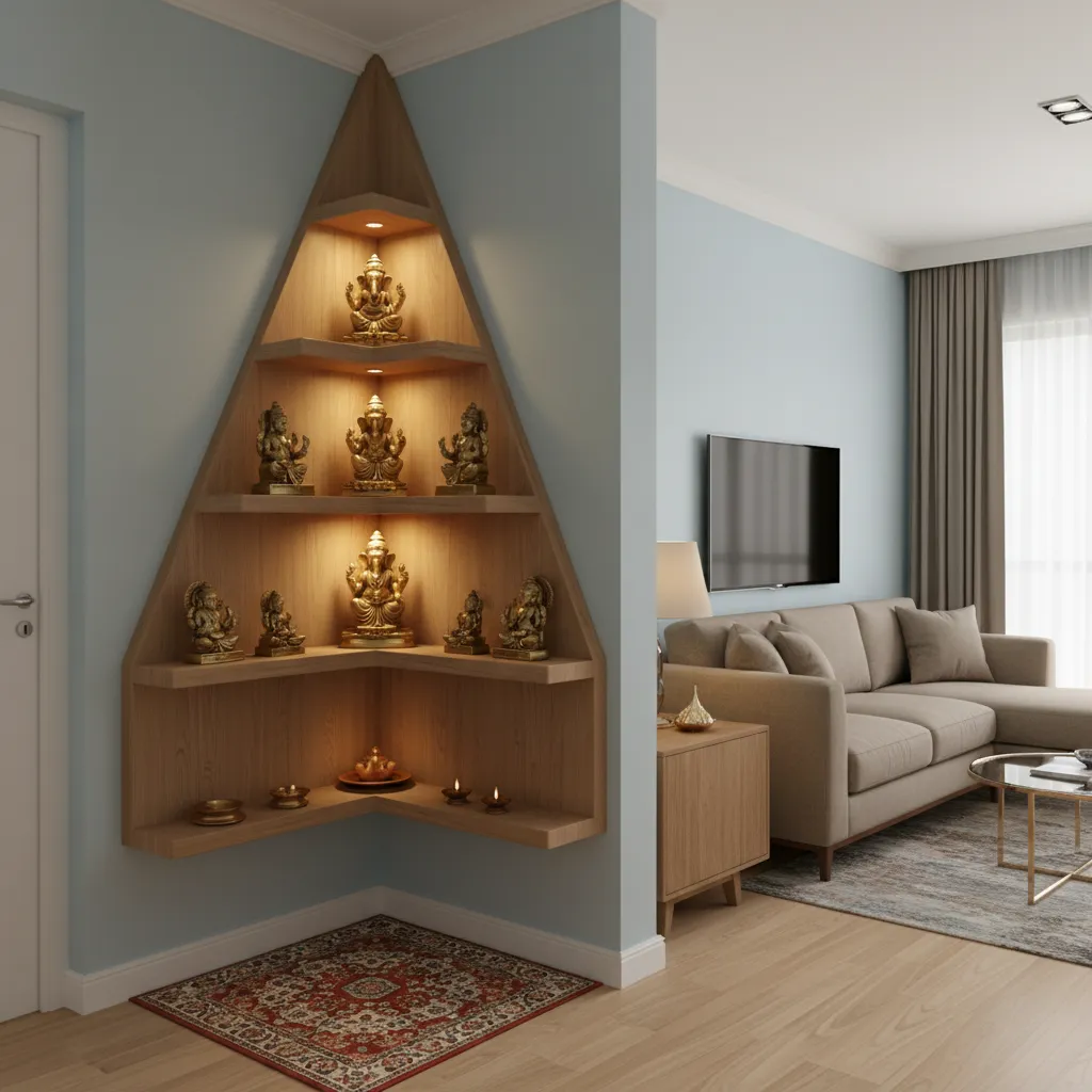 corner pooja rack design fitted into small apartment corner