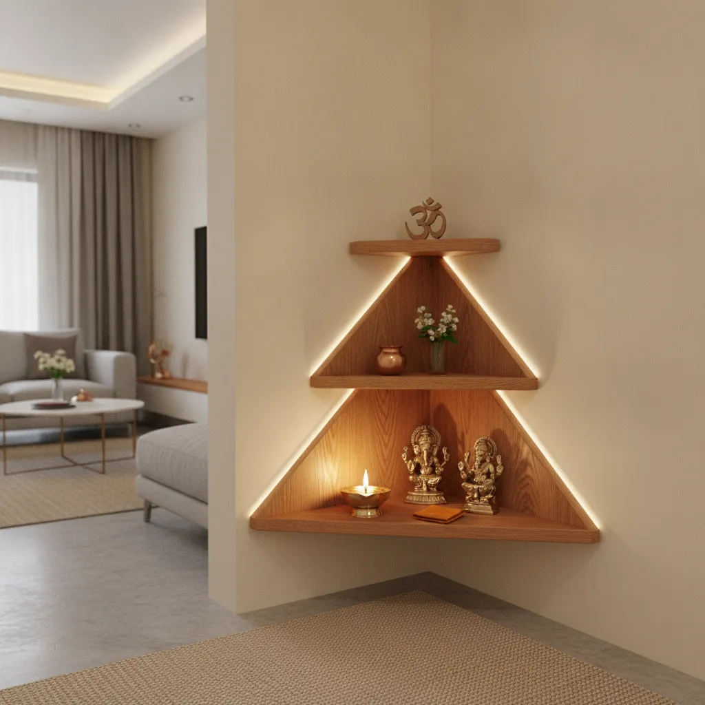 Small corner pooja shelf with brass diya and wooden backdrop