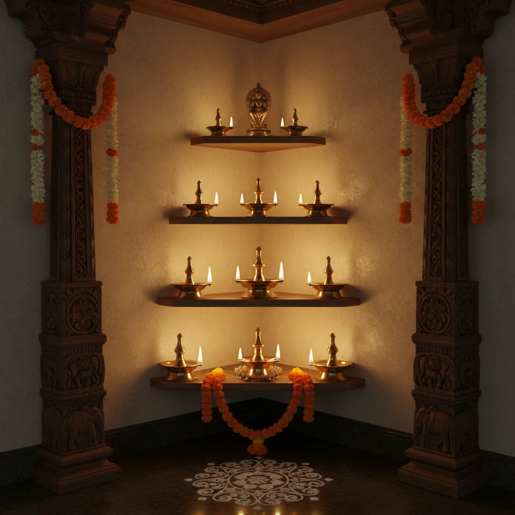 corner pooja shrine with wooden pillars and brass lamps