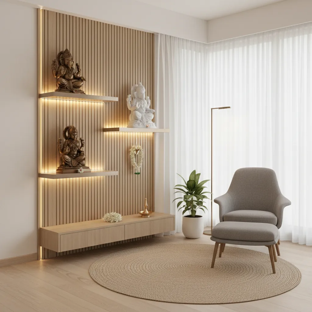 modern corner pooja space in living room with floating shelves and backlit panel