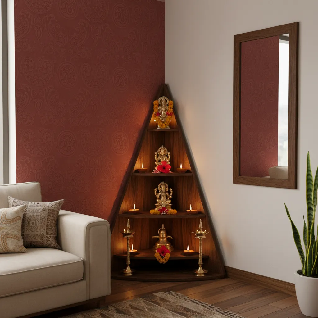 Corner pooja stand fitted into apartment living room corner