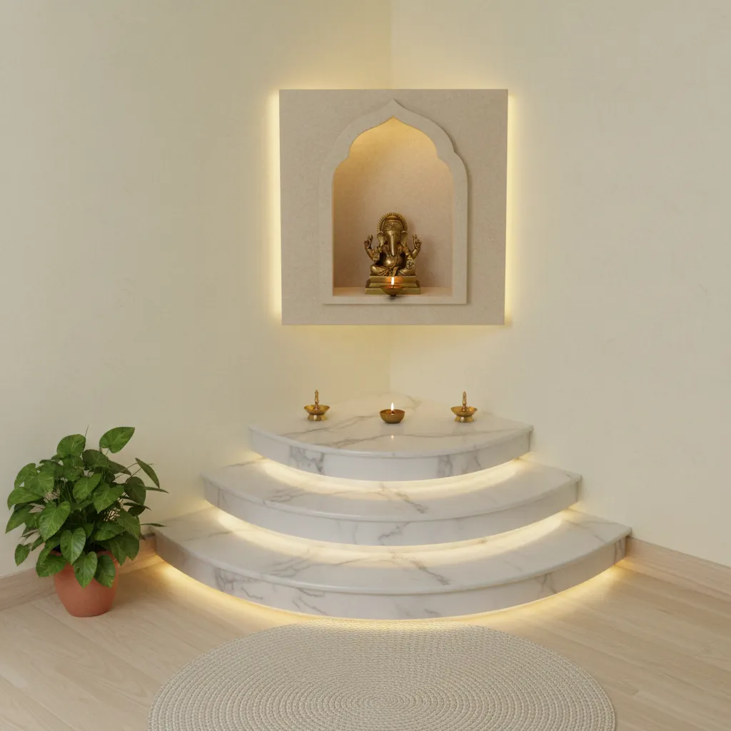 corner pooja room with compact stepped platform design