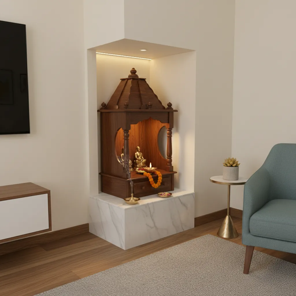 Compact corner pooja temple placed in a living room corner niche