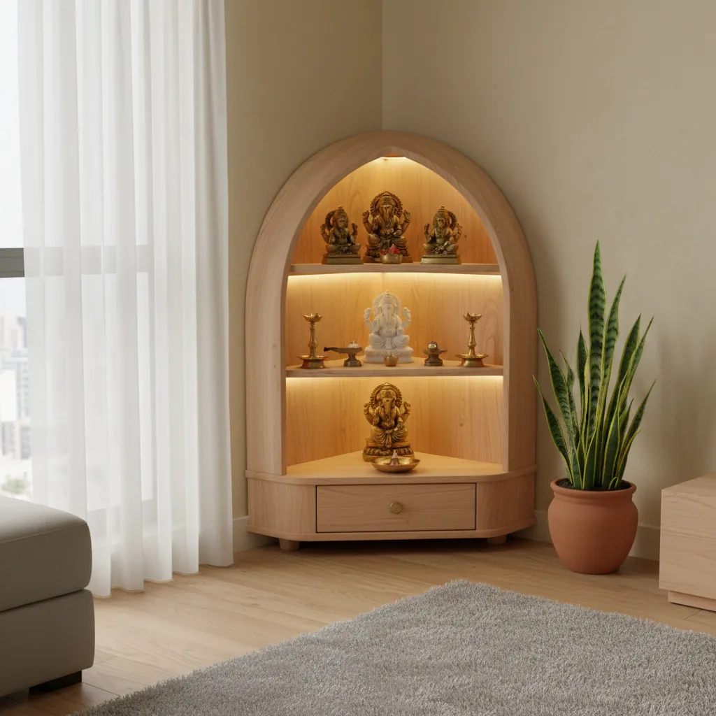 Corner pooja cabinet design for small apartment spaces
