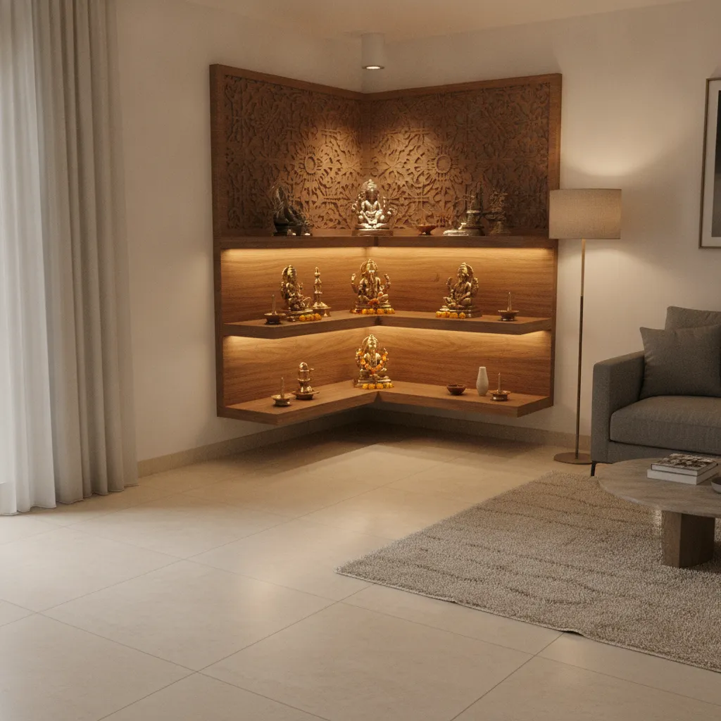 Corner pooja unit with L shaped shelves and warm lighting