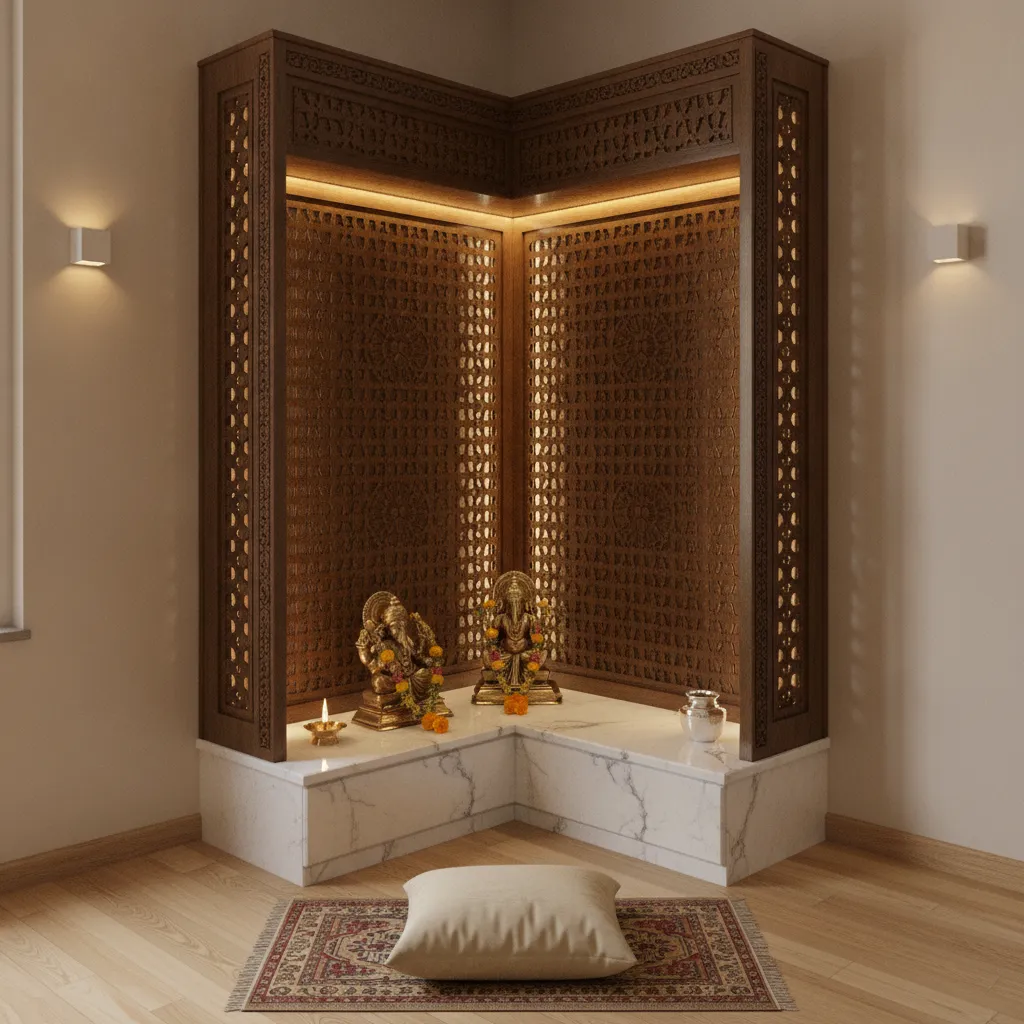 Corner pooja unit with carved wood panel and lighting