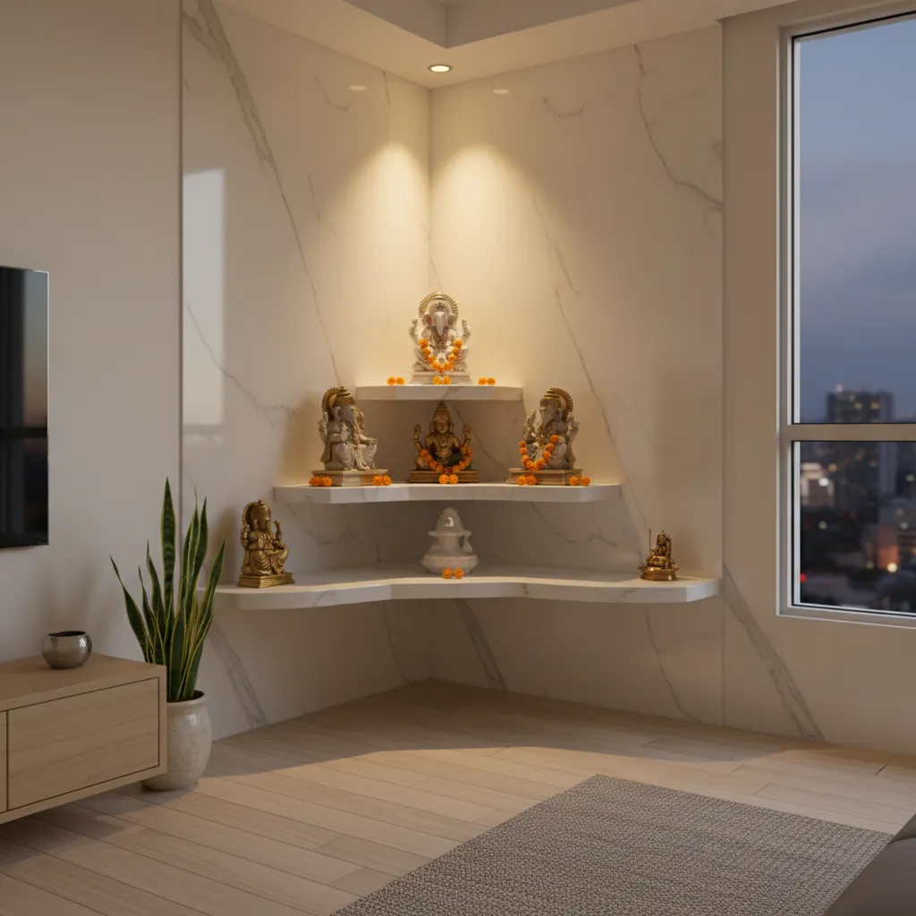 corner pooja unit with shelves and soft lighting in living room