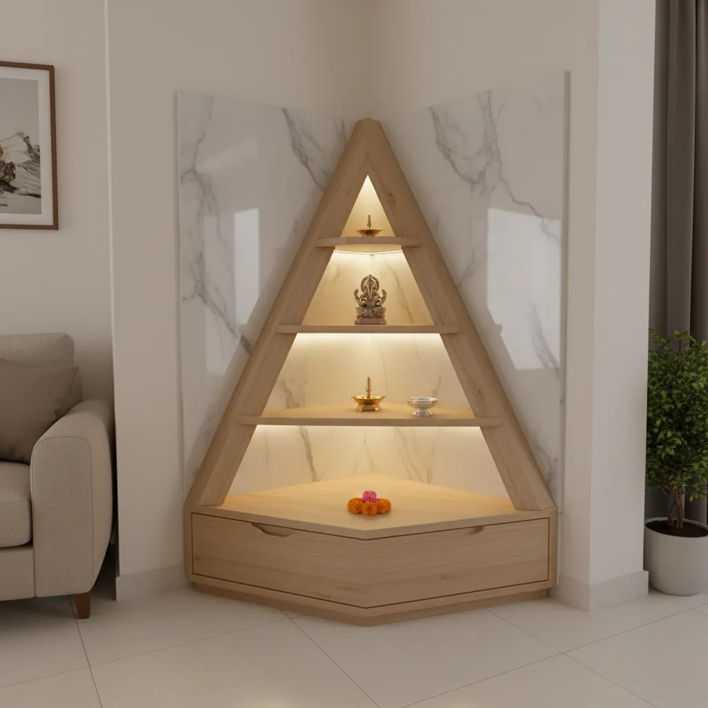 Corner pooja unit with triangular shelves and marble backdrop