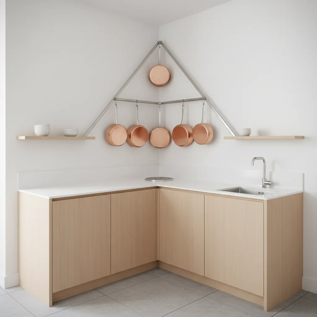 Corner hanging pot rack solution in a small apartment kitchen