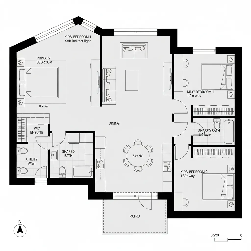 Modern floor plan showing primary bedroom two kids rooms dining area and outdoor patio space
