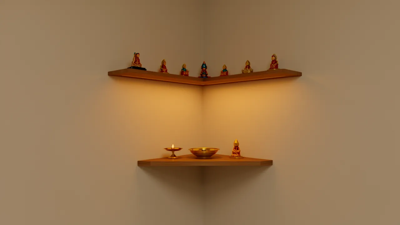Minimal corner shelf mandir design for compact apartments