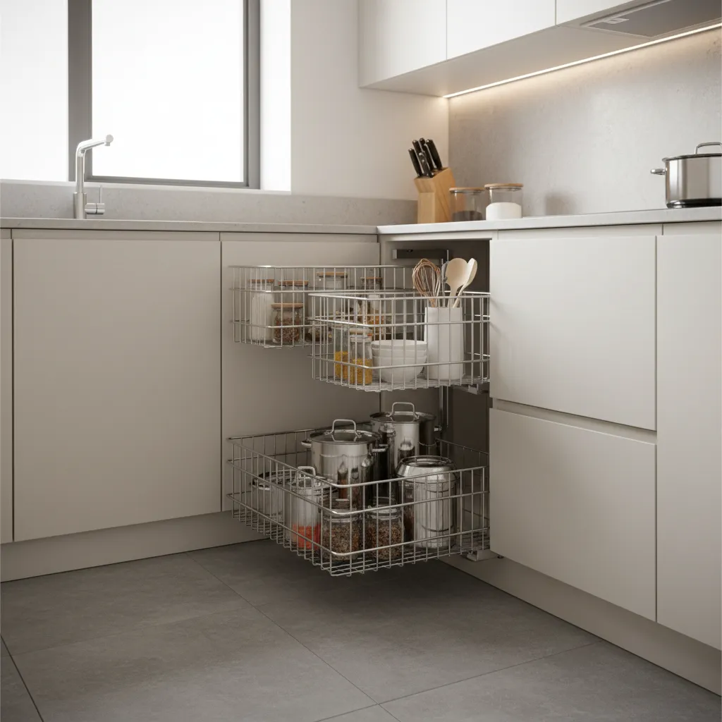 Magic corner pull out cabinet system in modular kitchen
