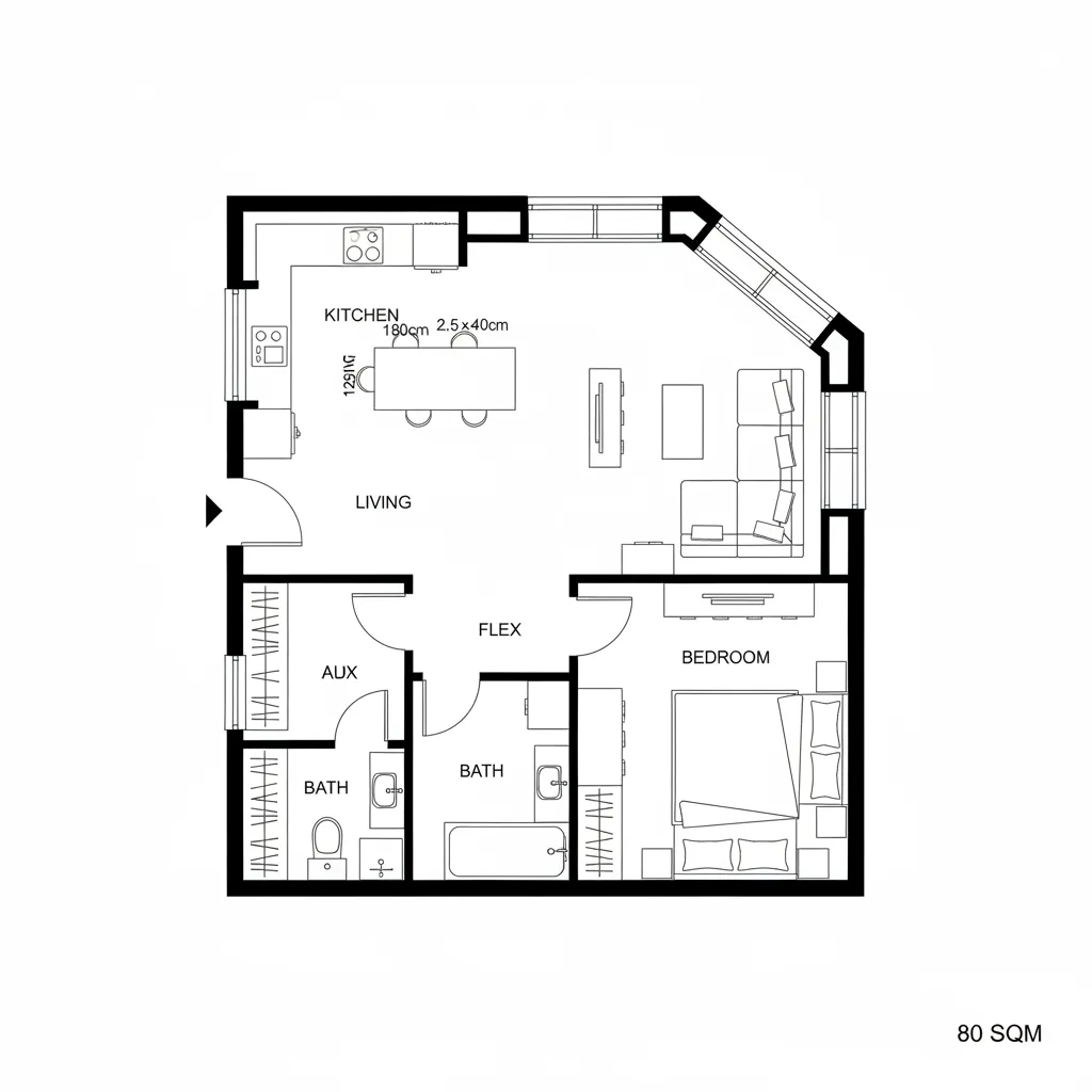 Top-down CAD plan of a corner unit with L-shaped living and a flex room