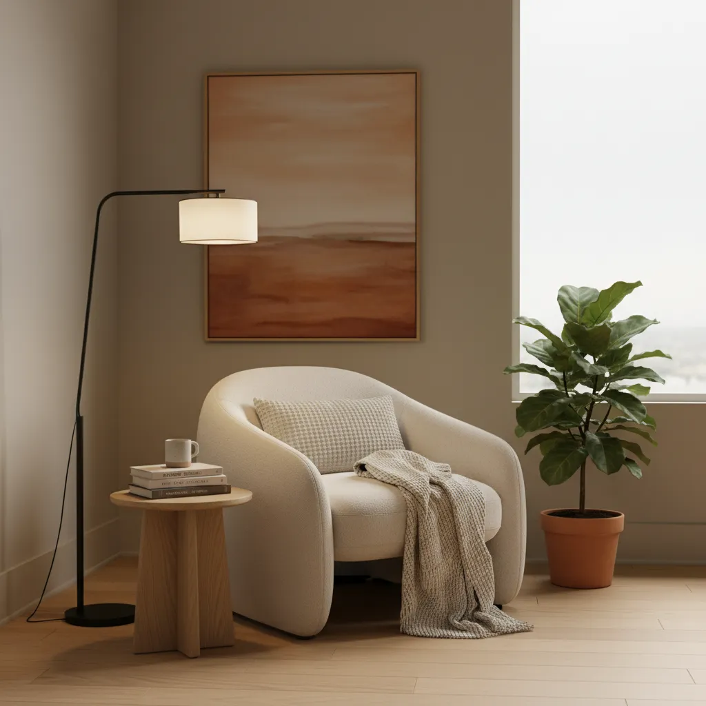 Cozy reading nook created in a living room corner