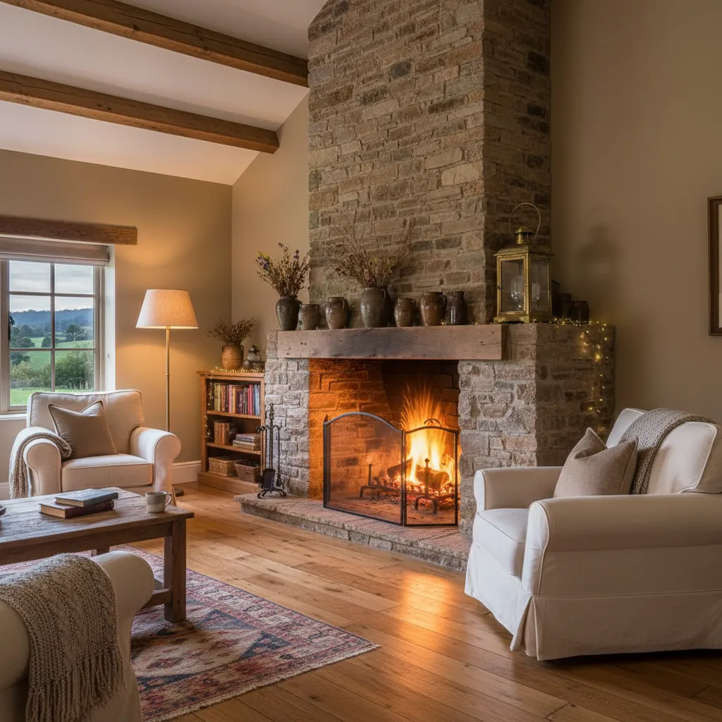 Chimenea rústica colocada en esquina de un salón
