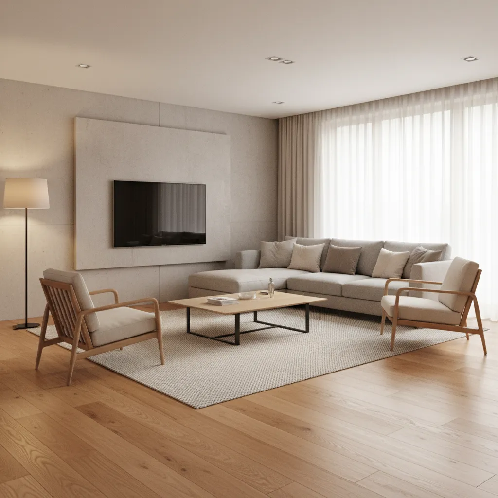 Corner sectional layout in a square living room with wall mounted TV