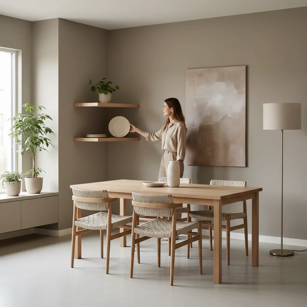 Person reaching plates from open corner shelves in dining area