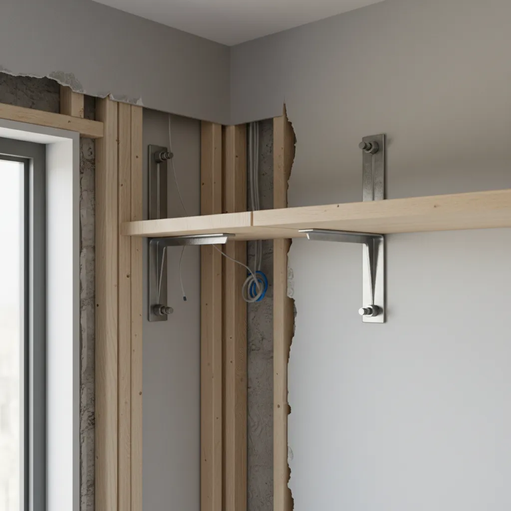 Metal wall supports holding a wooden shelf next to exposed wood frames and grey walls