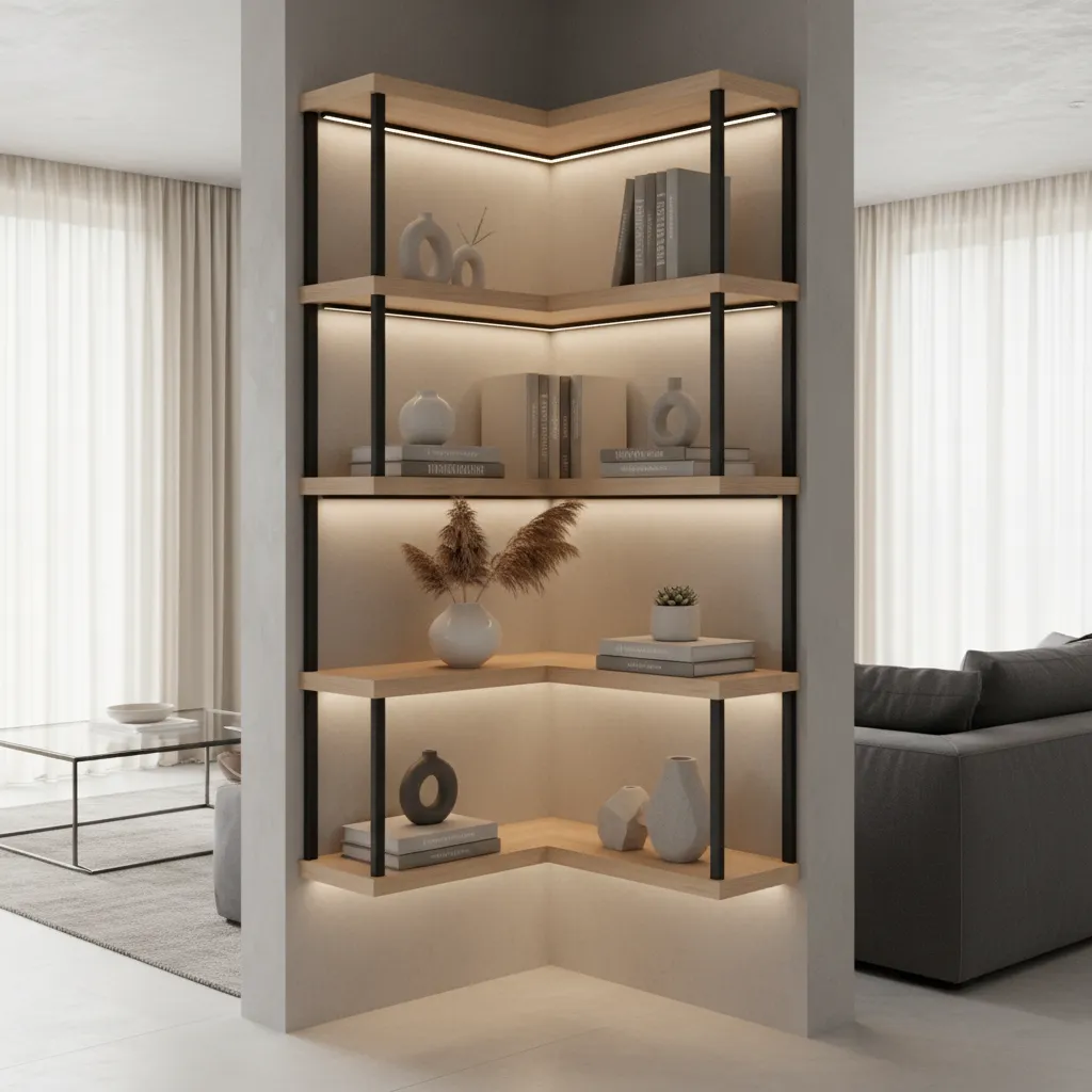 corner shelf display illuminated with balanced LED brightness