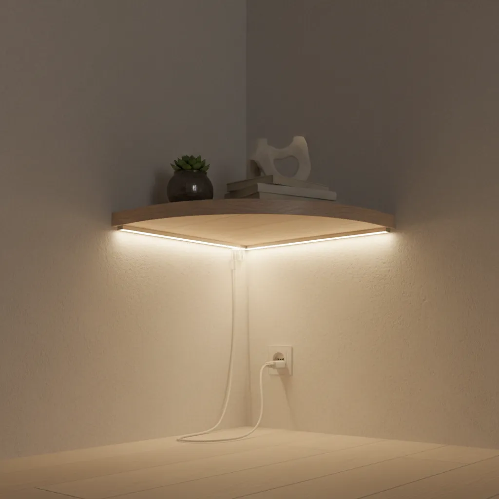 LED strip installed under corner shelf with visible wiring and power adapter