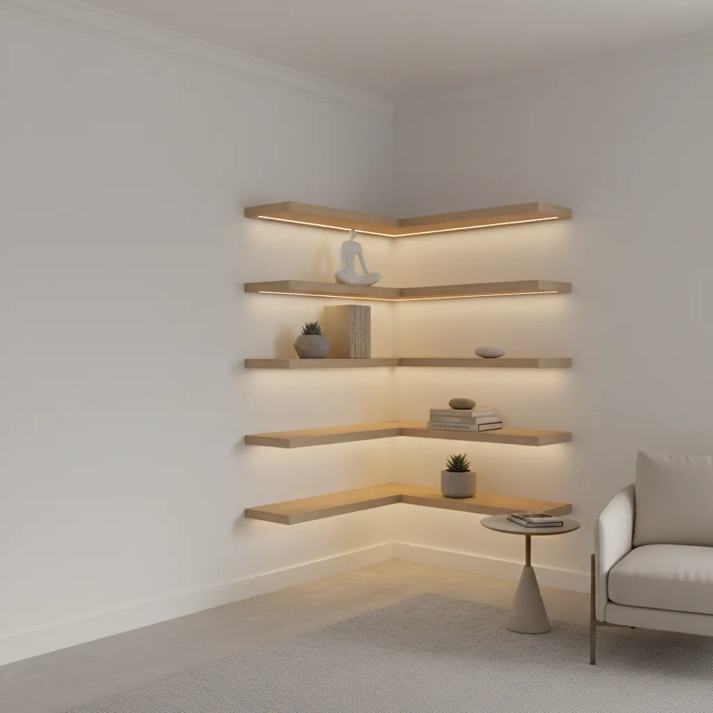 Modern living room corner with wooden floating shelves warm lighting white walls sofa and table