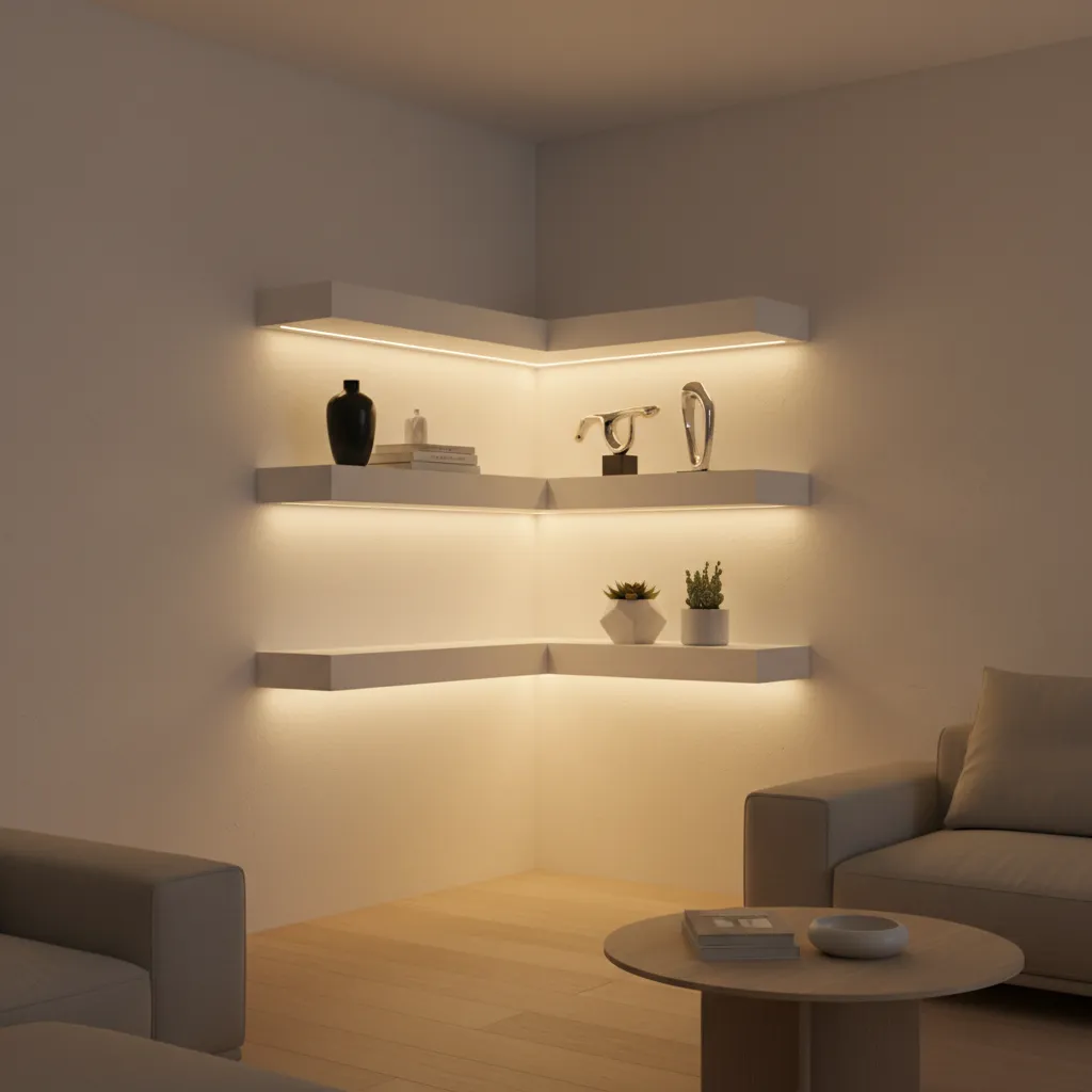 corner shelf with angled LED lighting highlighting wall reflections