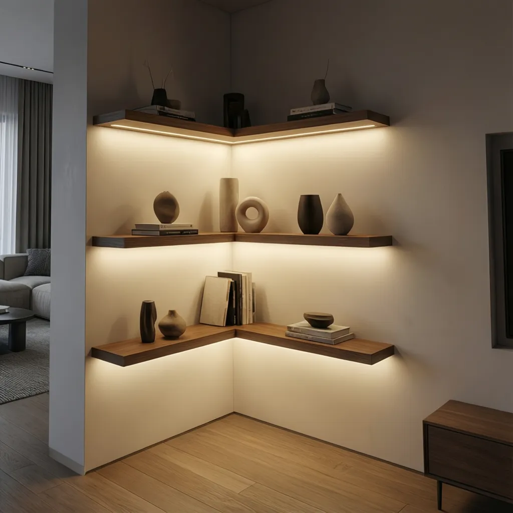 LED strip angled toward corner wall creating soft indirect lighting