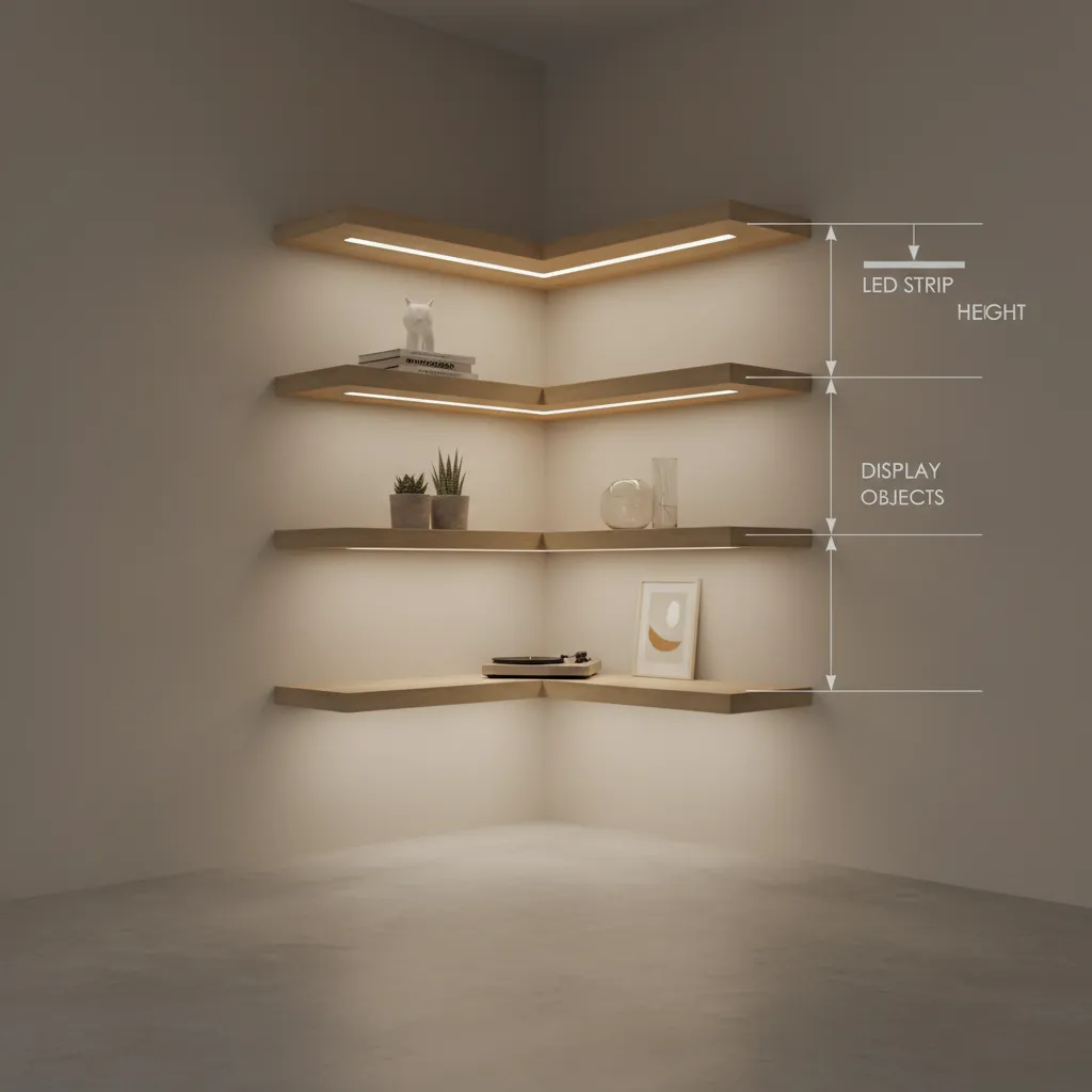 diagram showing ideal height placement for corner shelf lighting