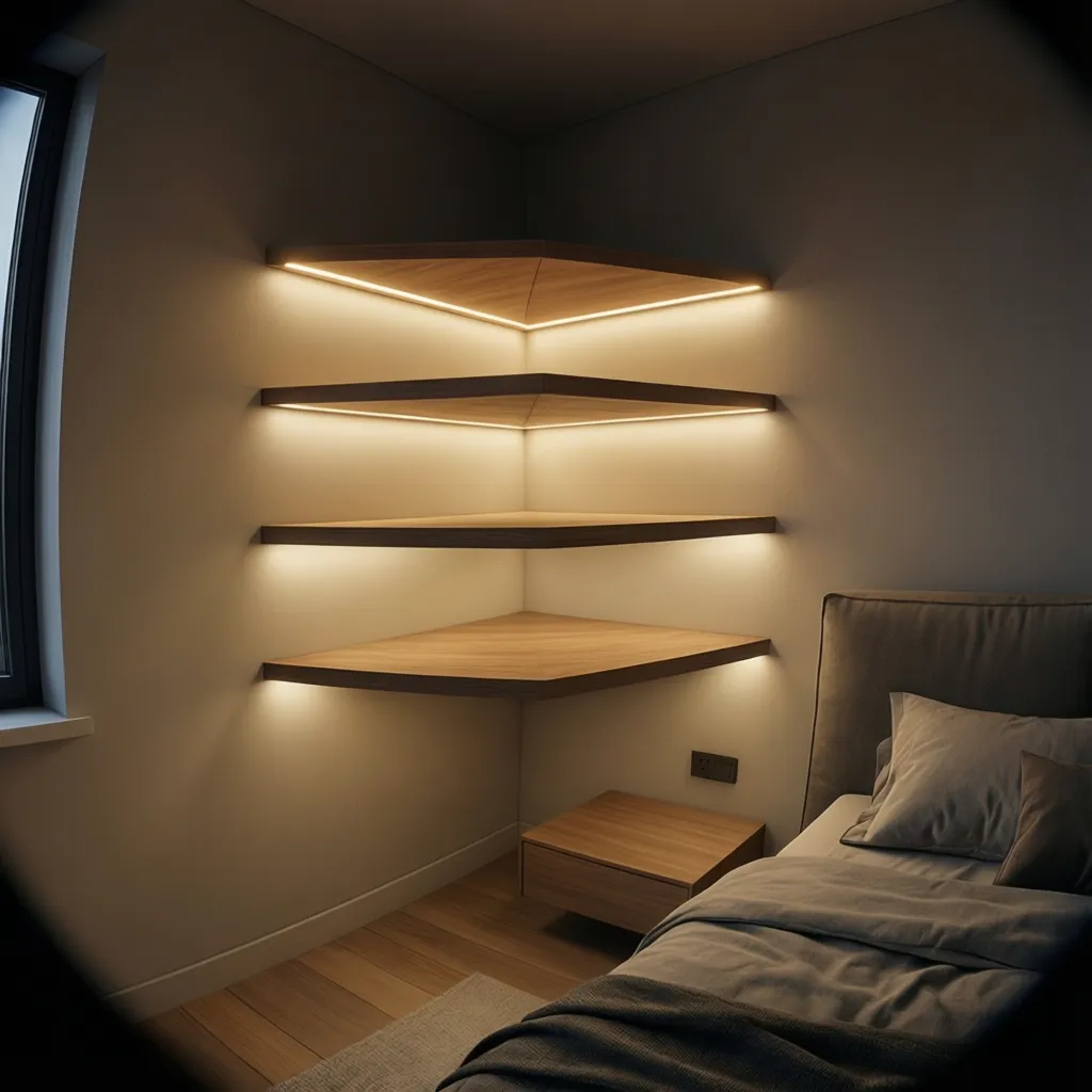 corner shelf lighting installed in a small modern bedroom