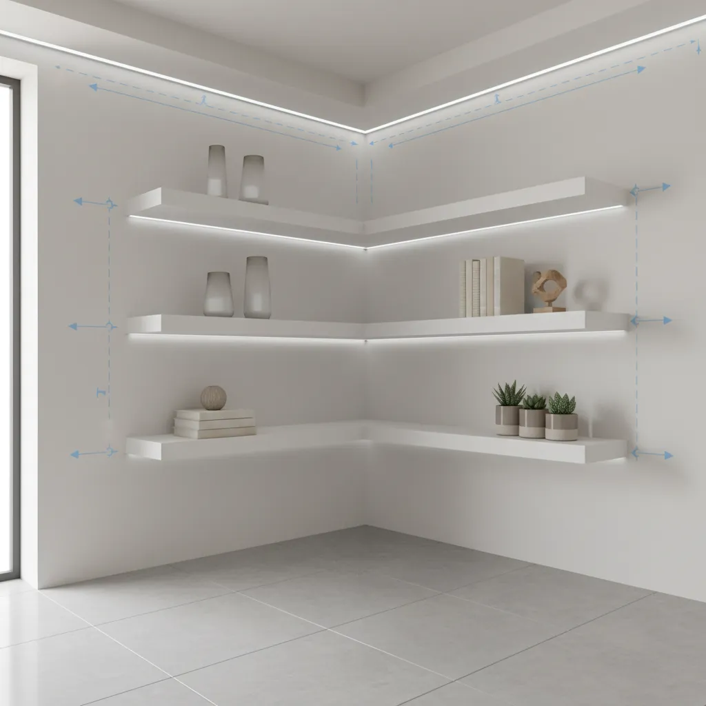 diagram style interior showing corner shelves with planned LED lighting layout