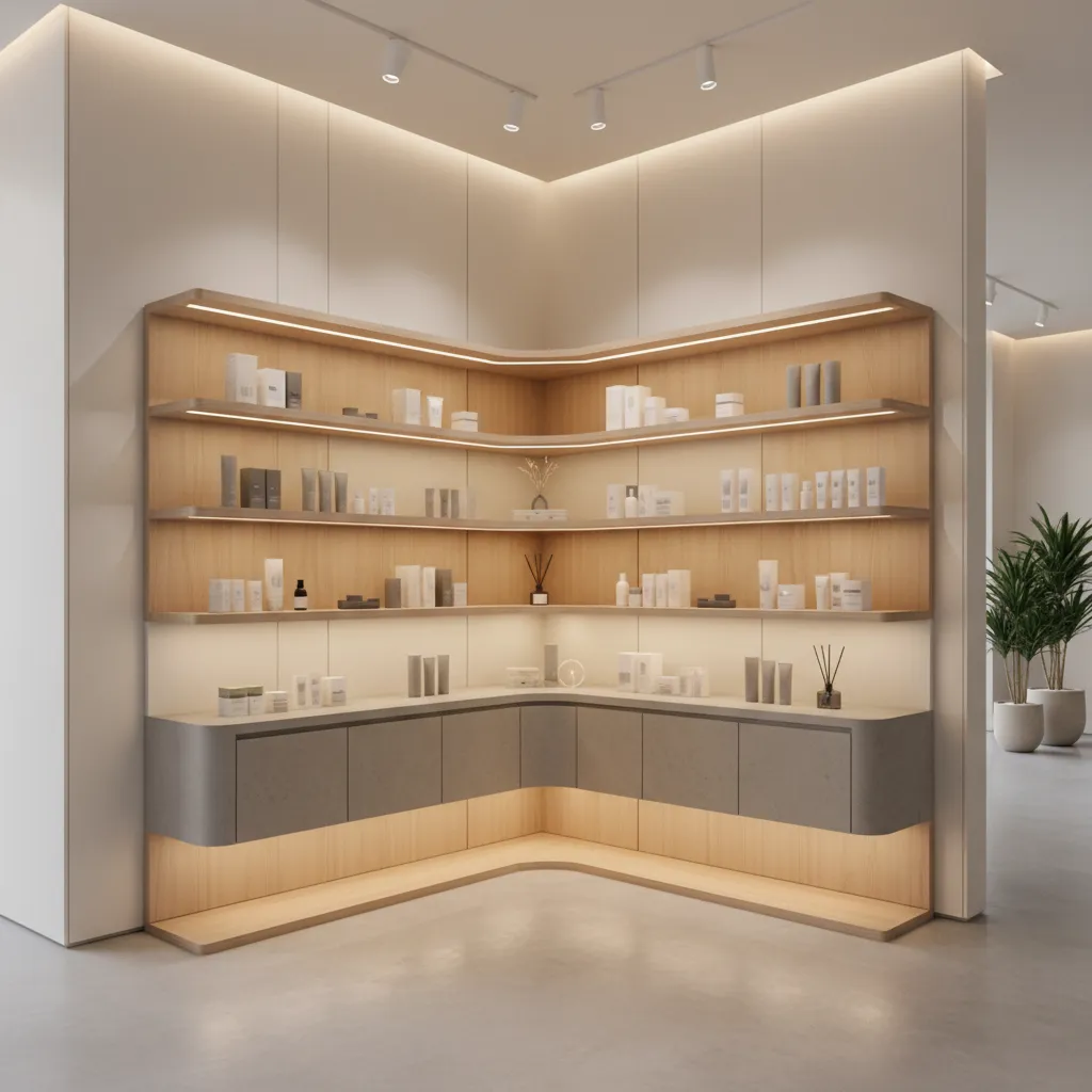 Store corner shelving layout with illuminated display tiers