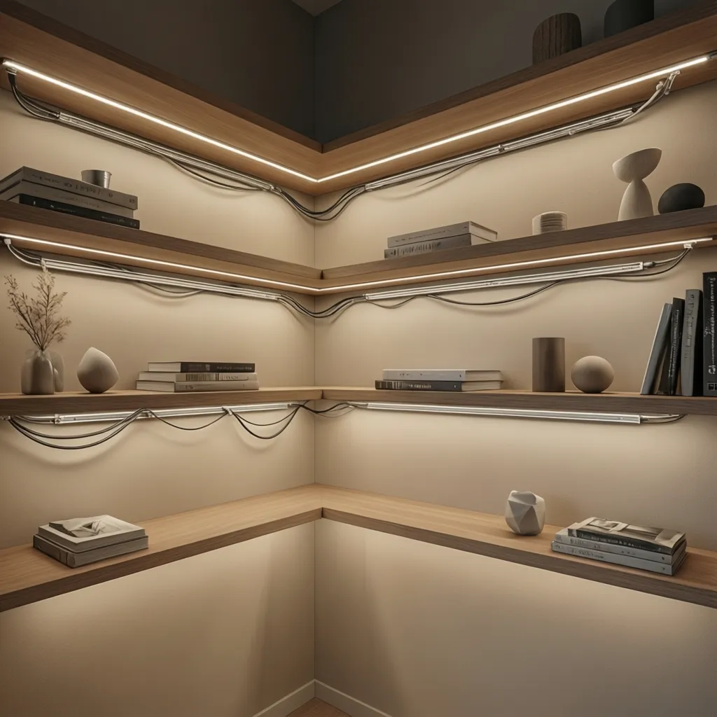 Wooden corner shelves showing the installation of LED light strips with visible wires and decor