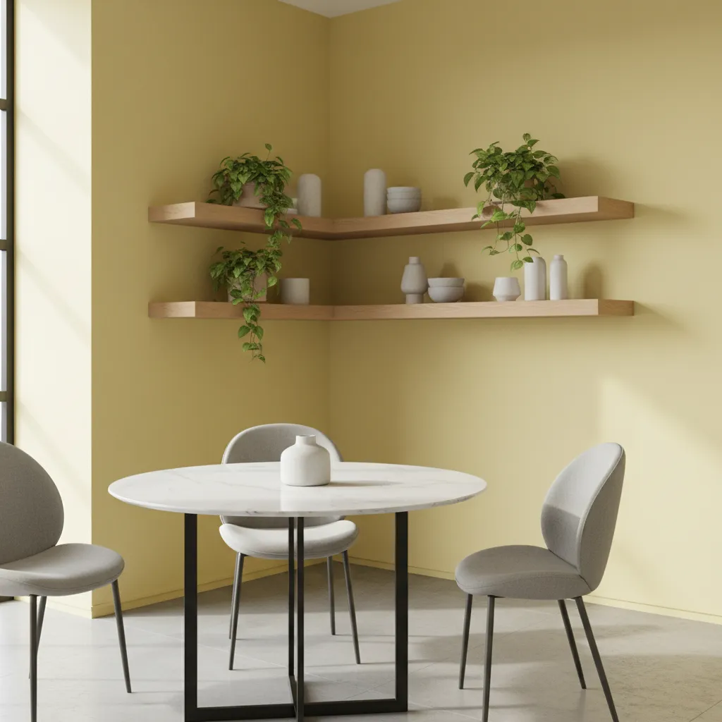 Floating corner shelves displaying dishes and plants in dining room