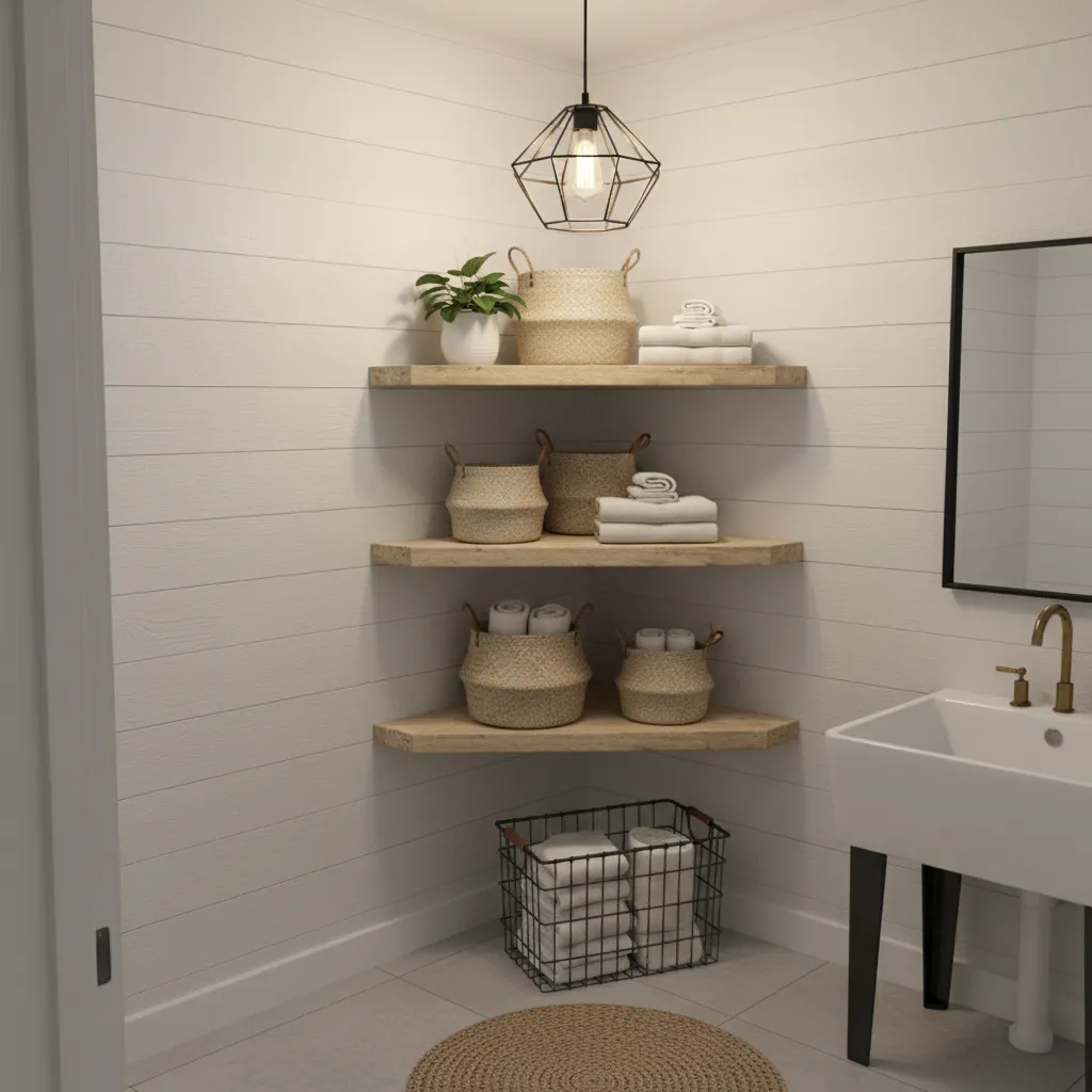 Corner shelving storage in compact laundry room