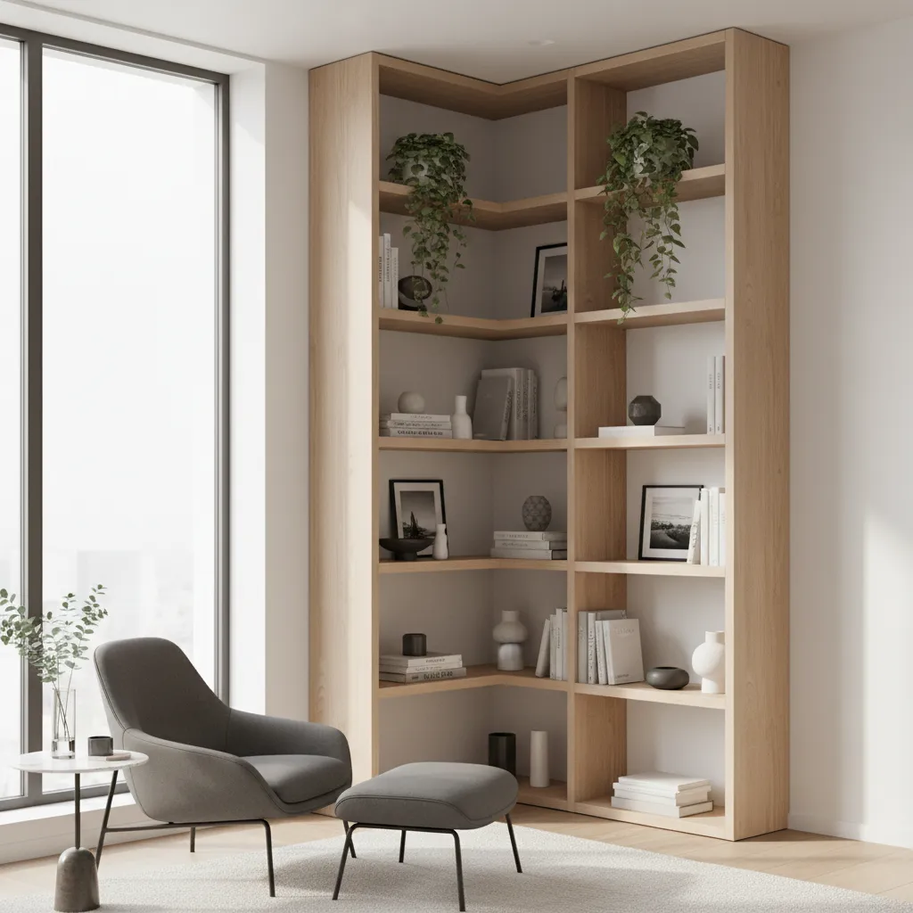 vertical corner shelves with plants and decor in a modern living room