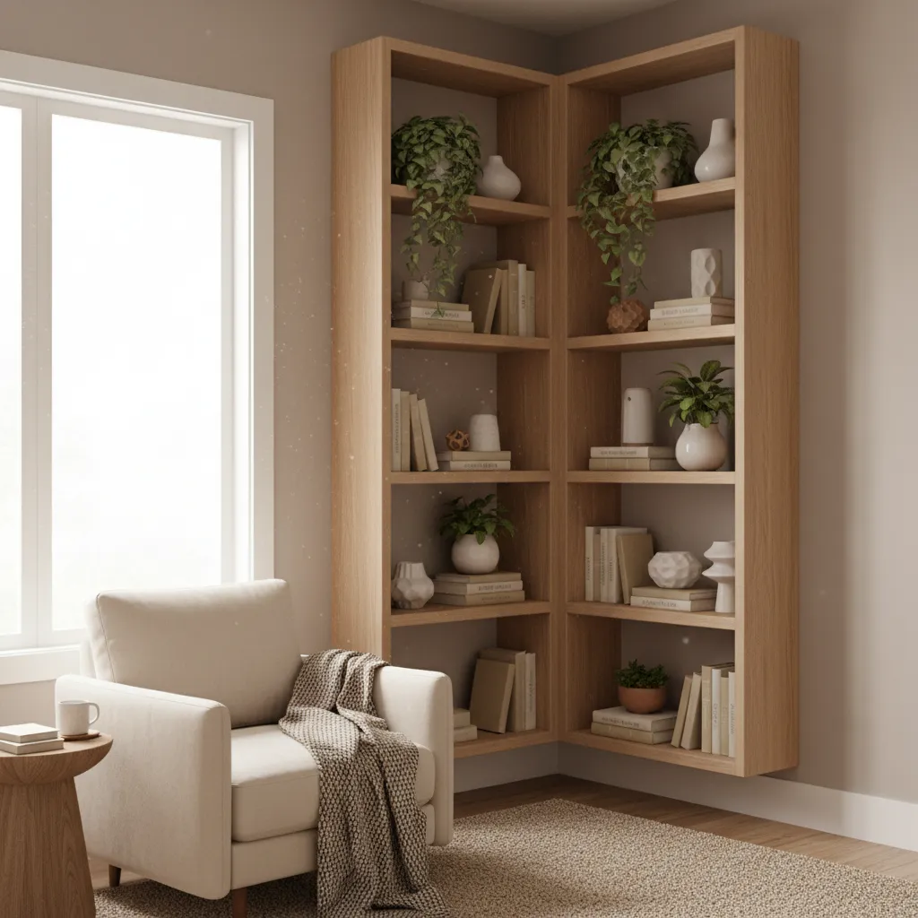Corner shelving unit used in a small living room