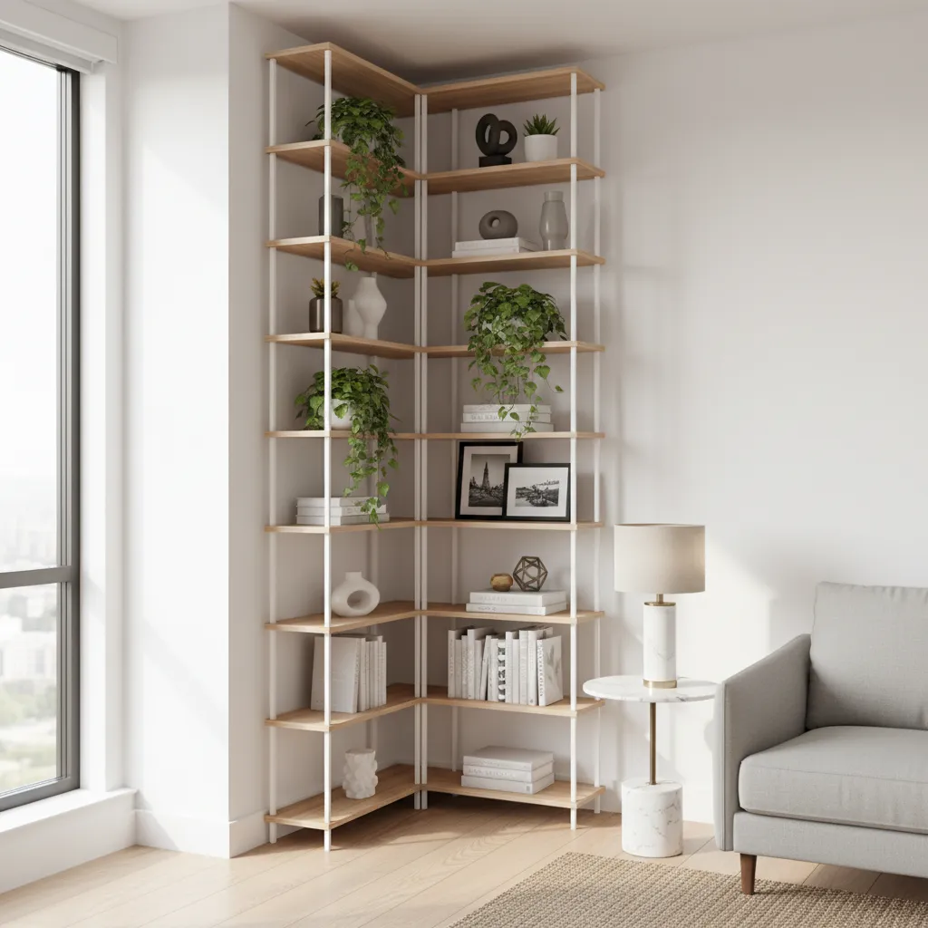 Small living room corner shelves used for decor and storage
