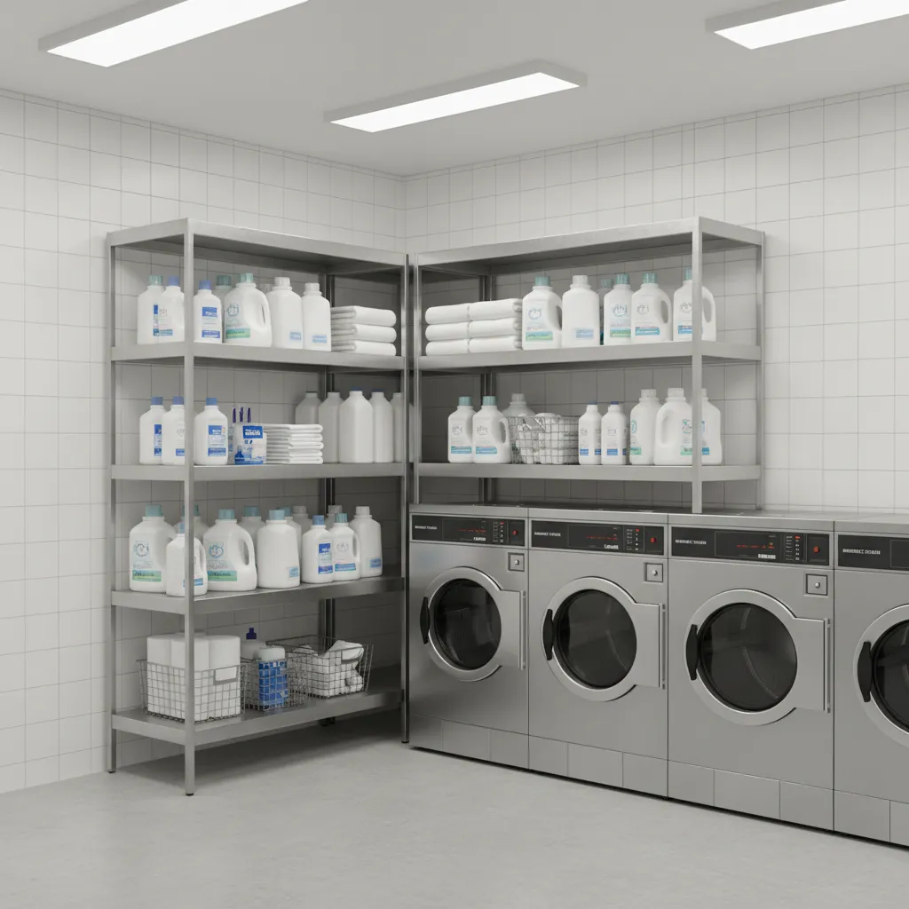 Metal corner shelving installed in a commercial laundry room